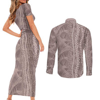 Hawaii Prince Kuhio Couples Matching Short Sleeve Bodycon Dress and Long Sleeve Button Shirt Mocha Hawaiian Lau Maia With Leis