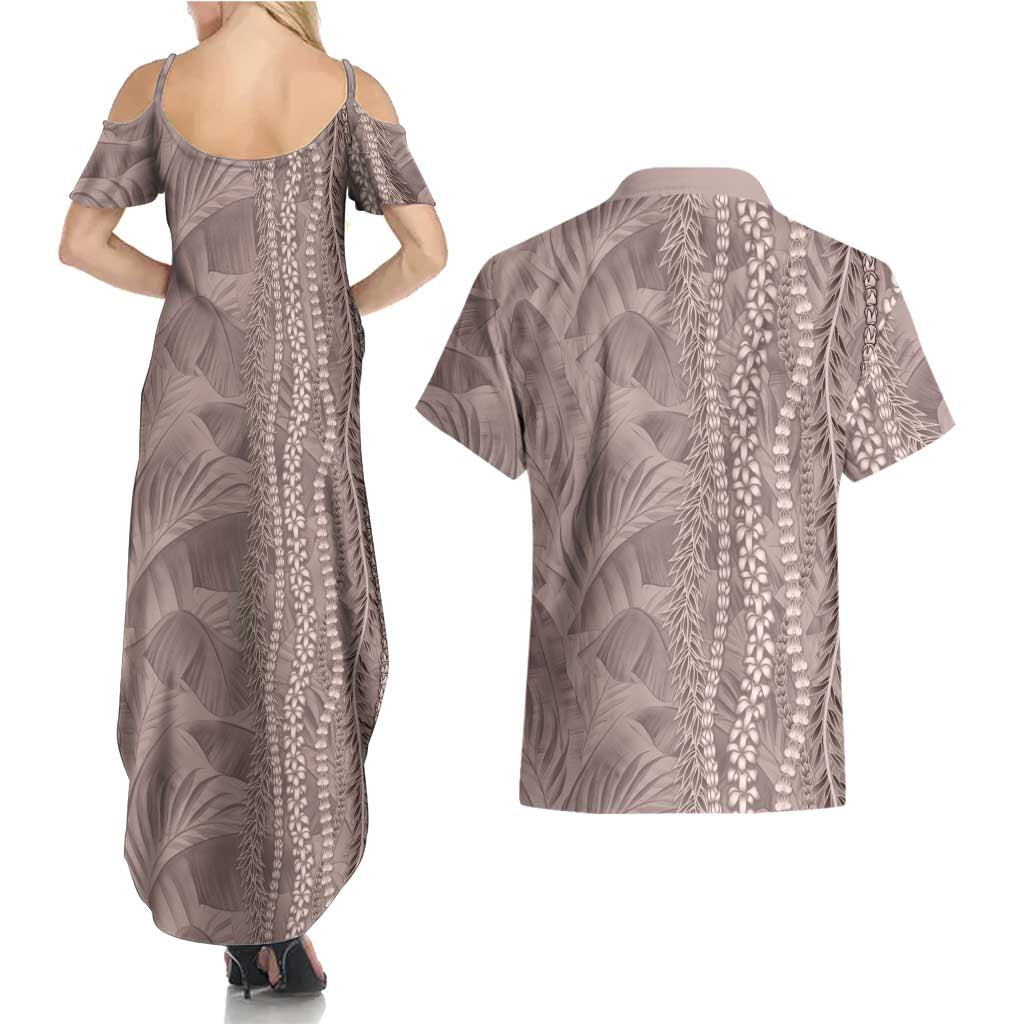 Hawaii Prince Kuhio Couples Matching Summer Maxi Dress and Hawaiian Shirt Mocha Hawaiian Lau Maia With Leis