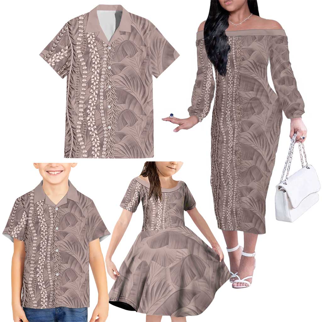 Hawaii Prince Kuhio Family Matching Off The Shoulder Long Sleeve Dress and Hawaiian Shirt Mocha Hawaiian Lau Maia With Leis