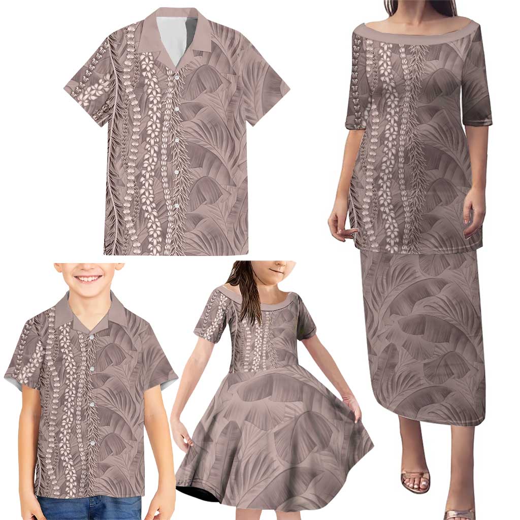 Hawaii Prince Kuhio Family Matching Puletasi and Hawaiian Shirt Mocha Hawaiian Lau Maia With Leis