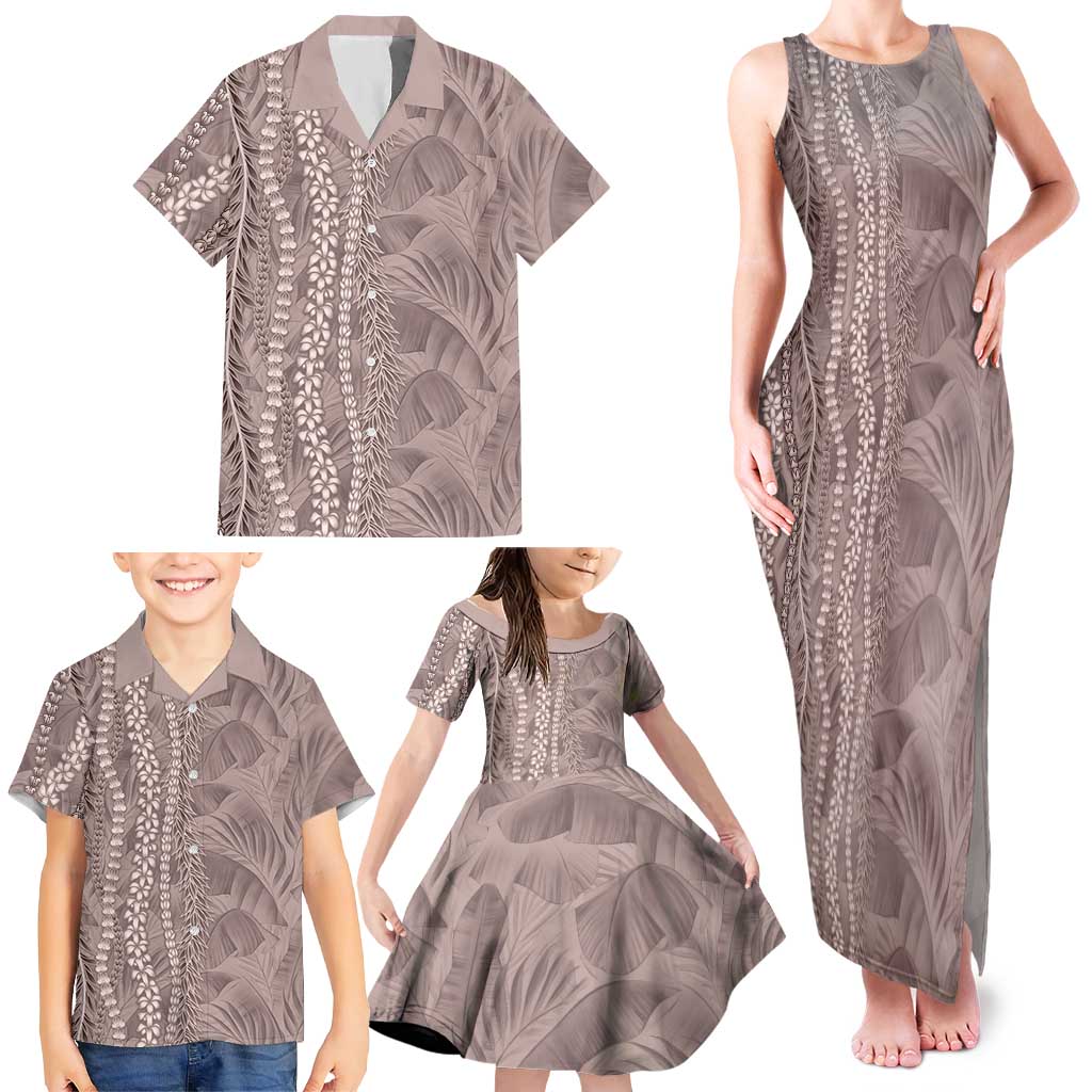 Hawaii Prince Kuhio Family Matching Tank Maxi Dress and Hawaiian Shirt Mocha Hawaiian Lau Maia With Leis