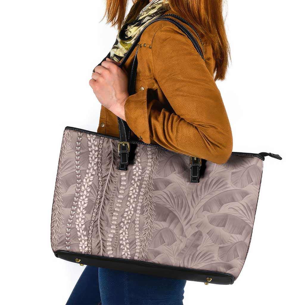 Hawaii Prince Kuhio Leather Tote Bag Mocha Hawaiian Lau Maia With Leis LT05 Mocha - Polynesian Pride