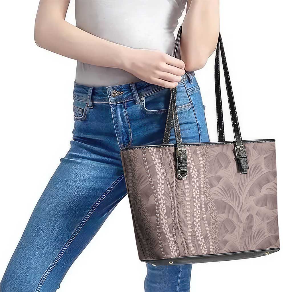 Hawaii Prince Kuhio Leather Tote Bag Mocha Hawaiian Lau Maia With Leis LT05 - Polynesian Pride