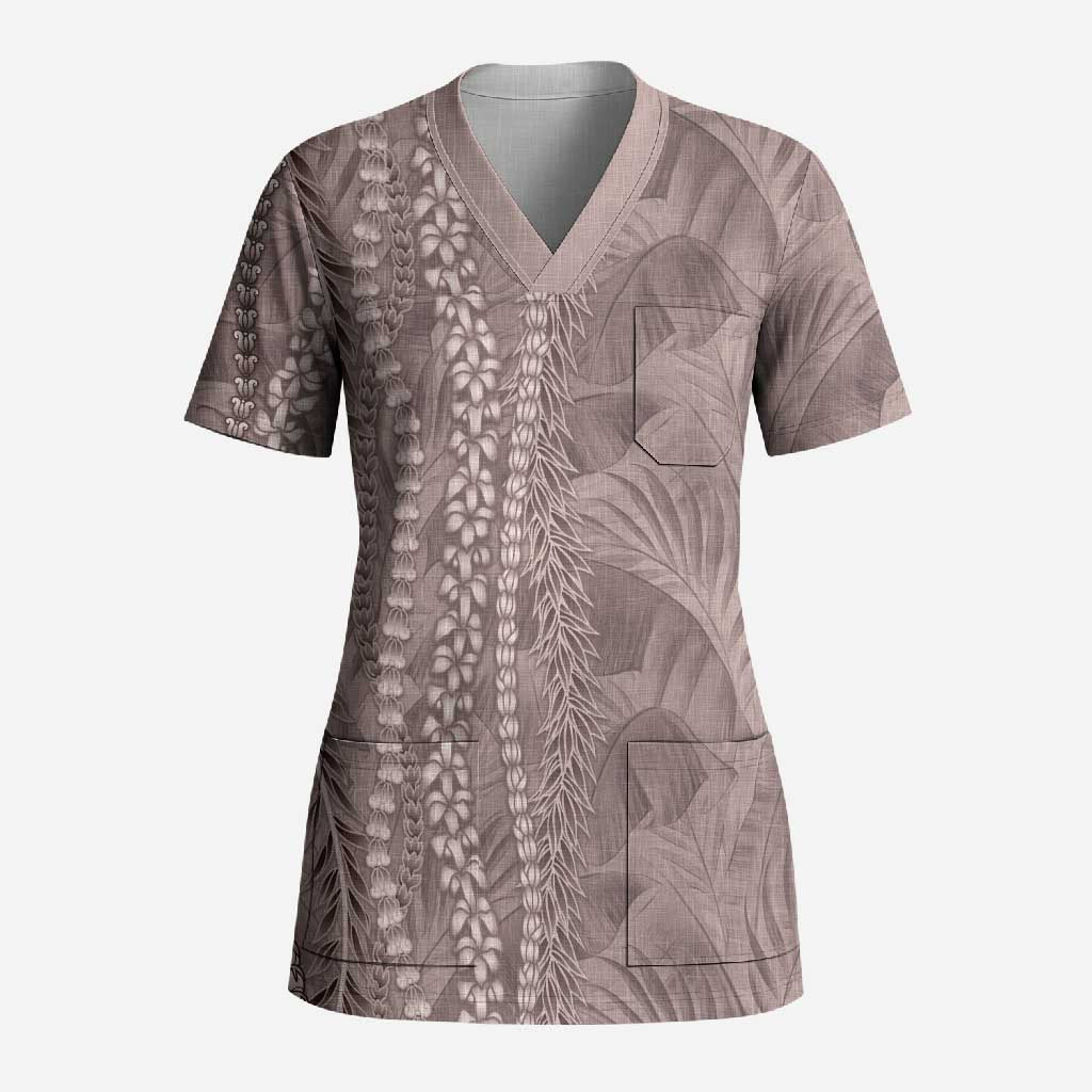 Hawaii Prince Kuhio Scrub Top Mocha Hawaiian Lau Maia With Leis
