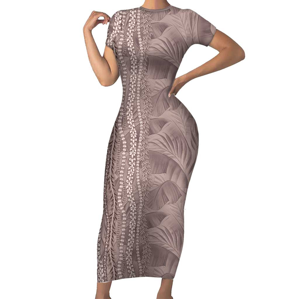 Hawaii Prince Kuhio Short Sleeve Bodycon Dress Mocha Hawaiian Lau Maia With Leis
