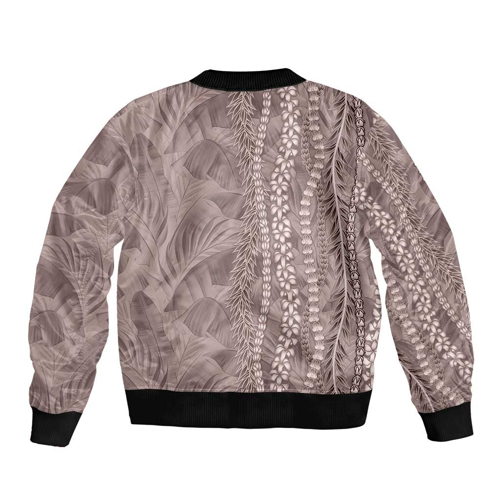Hawaii Prince Kuhio Sleeve Zip Bomber Jacket Mocha Hawaiian Lau Maia With Leis LT05 - Polynesian Pride