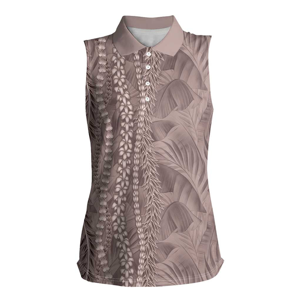 Hawaii Prince Kuhio Women Sleeveless Polo Shirt Mocha Hawaiian Lau Maia With Leis