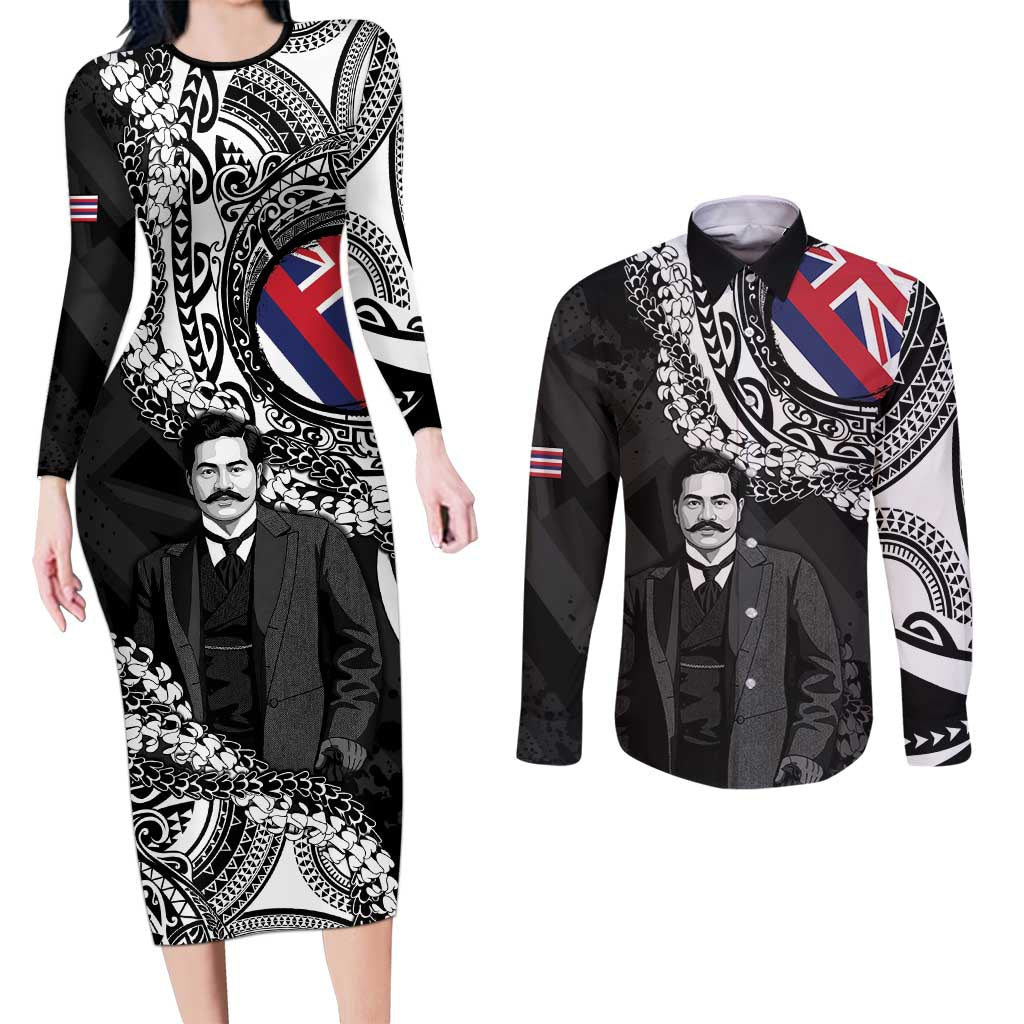 Personalised Hawaii Prince Kuhio Couples Matching Long Sleeve Bodycon Dress and Long Sleeve Button Shirt Hawaiian Maile Lei