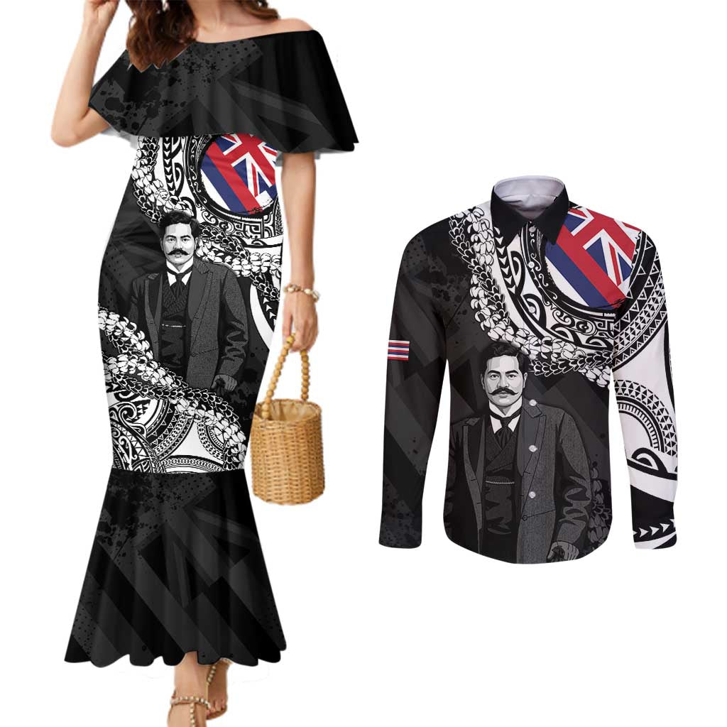 Personalised Hawaii Prince Kuhio Couples Matching Mermaid Dress and Long Sleeve Button Shirt Hawaiian Maile Lei LT05 Black - Polynesian Pride