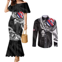 Personalised Hawaii Prince Kuhio Couples Matching Mermaid Dress and Long Sleeve Button Shirt Hawaiian Maile Lei LT05 Black - Polynesian Pride