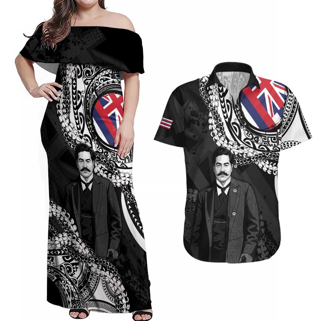 Personalised Hawaii Prince Kuhio Couples Matching Off Shoulder Maxi Dress and Hawaiian Shirt Hawaiian Maile Lei