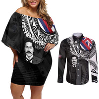 Personalised Hawaii Prince Kuhio Couples Matching Off Shoulder Short Dress and Long Sleeve Button Shirt Hawaiian Maile Lei