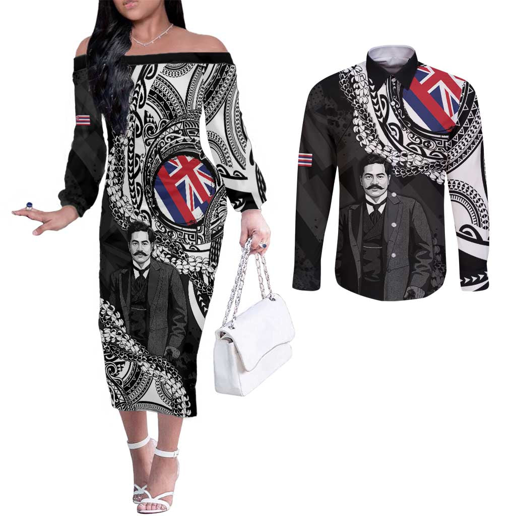 Personalised Hawaii Prince Kuhio Couples Matching Off The Shoulder Long Sleeve Dress and Long Sleeve Button Shirt Hawaiian Maile Lei