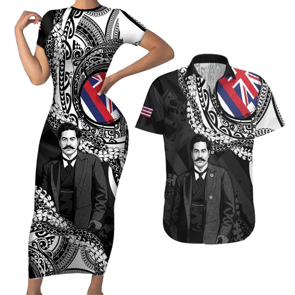 Personalised Hawaii Prince Kuhio Couples Matching Short Sleeve Bodycon Dress and Hawaiian Shirt Hawaiian Maile Lei