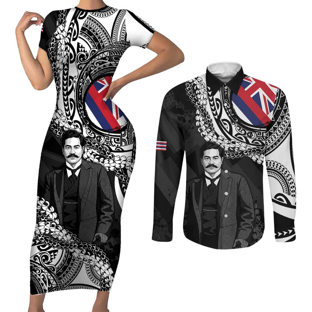 Personalised Hawaii Prince Kuhio Couples Matching Short Sleeve Bodycon Dress and Long Sleeve Button Shirt Hawaiian Maile Lei LT05 Black - Polynesian Pride