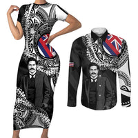Personalised Hawaii Prince Kuhio Couples Matching Short Sleeve Bodycon Dress and Long Sleeve Button Shirt Hawaiian Maile Lei LT05 Black - Polynesian Pride