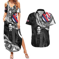 Personalised Hawaii Prince Kuhio Couples Matching Summer Maxi Dress and Hawaiian Shirt Hawaiian Maile Lei LT05 Black - Polynesian Pride