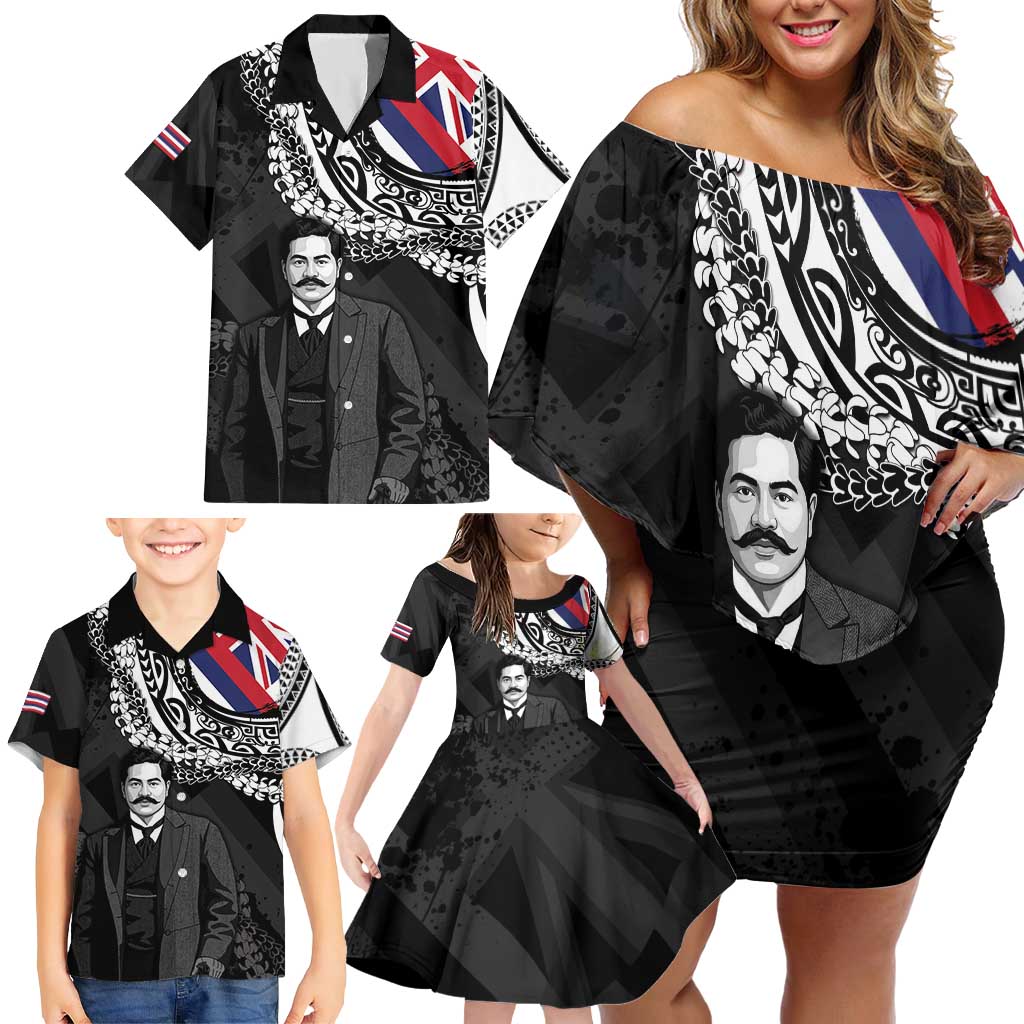Personalised Hawaii Prince Kuhio Family Matching Off Shoulder Short Dress and Hawaiian Shirt Hawaiian Maile Lei