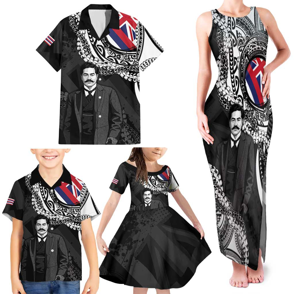 Personalised Hawaii Prince Kuhio Family Matching Tank Maxi Dress and Hawaiian Shirt Hawaiian Maile Lei