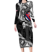 Personalised Hawaii Prince Kuhio Long Sleeve Bodycon Dress Hawaiian Maile Lei LT05 Long Dress Black - Polynesian Pride