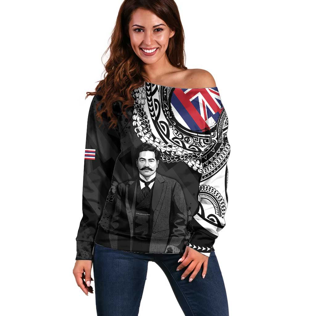 Personalised Hawaii Prince Kuhio Off Shoulder Sweater Hawaiian Maile Lei