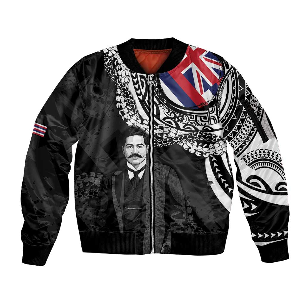 Personalised Hawaii Prince Kuhio Sleeve Zip Bomber Jacket Hawaiian Maile Lei
