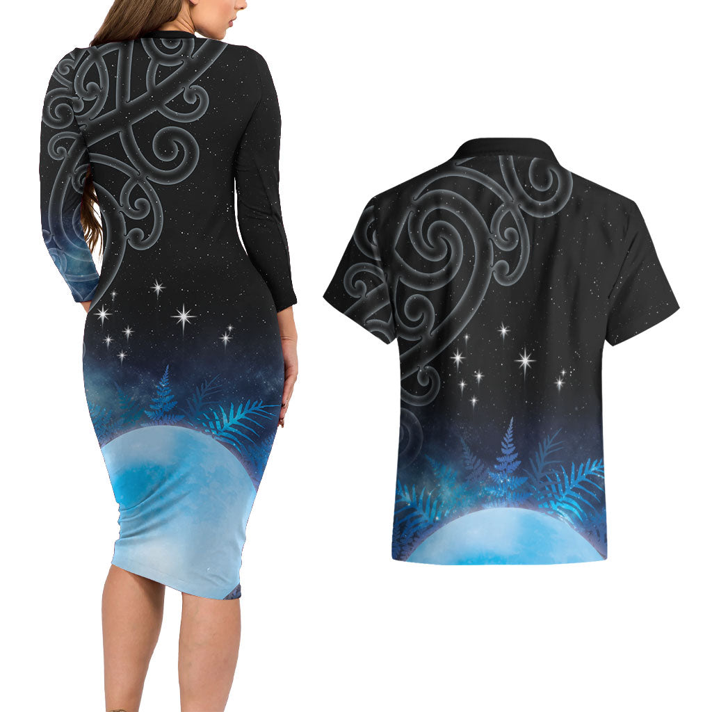 New Zealand Matariki Couples Matching Long Sleeve Bodycon Dress and Hawaiian Shirt Pleiades Star Cluster Blue Galaxy