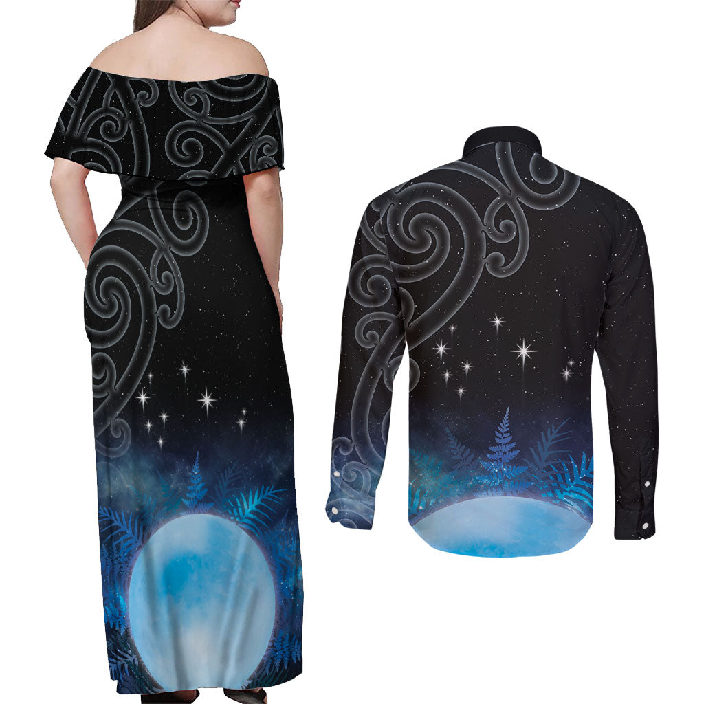New Zealand Matariki Couples Matching Off Shoulder Maxi Dress and Long Sleeve Button Shirt Pleiades Star Cluster Blue Galaxy