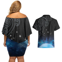 New Zealand Matariki Couples Matching Off Shoulder Short Dress and Hawaiian Shirt Pleiades Star Cluster Blue Galaxy