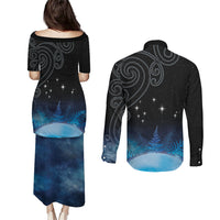 New Zealand Matariki Couples Matching Puletasi and Long Sleeve Button Shirt Pleiades Star Cluster Blue Galaxy