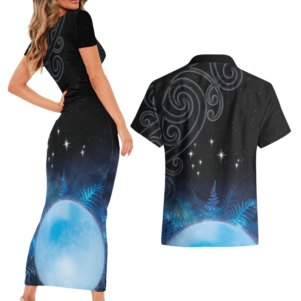 New Zealand Matariki Couples Matching Short Sleeve Bodycon Dress and Hawaiian Shirt Pleiades Star Cluster Blue Galaxy