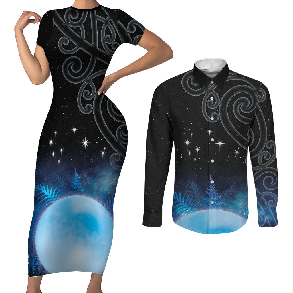 New Zealand Matariki Couples Matching Short Sleeve Bodycon Dress and Long Sleeve Button Shirt Pleiades Star Cluster Blue Galaxy