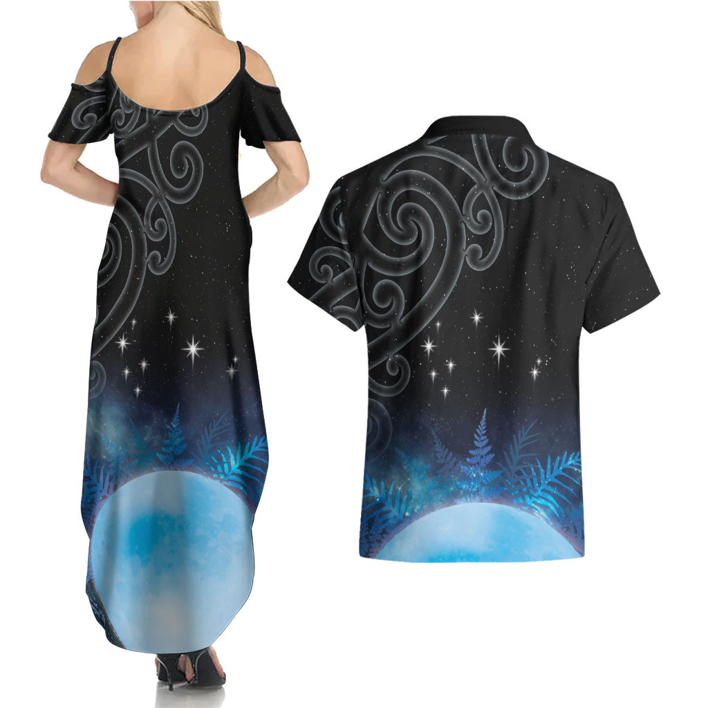 New Zealand Matariki Couples Matching Summer Maxi Dress and Hawaiian Shirt Pleiades Star Cluster Blue Galaxy