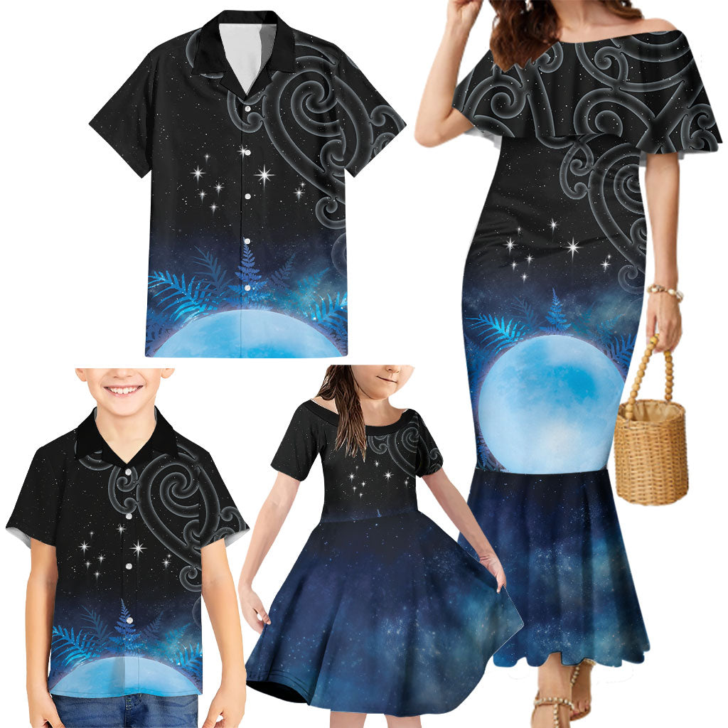 New Zealand Matariki Family Matching Mermaid Dress and Hawaiian Shirt Pleiades Star Cluster Blue Galaxy