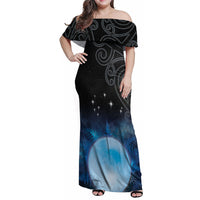 New Zealand Matariki Family Matching Off Shoulder Maxi Dress and Hawaiian Shirt Pleiades Star Cluster Blue Galaxy