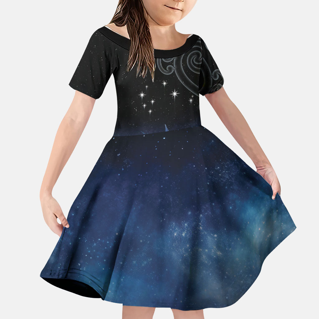 New Zealand Matariki Family Matching Tank Maxi Dress and Hawaiian Shirt Pleiades Star Cluster Blue Galaxy LT05 Daughter's Dress Blue - Polynesian Pride