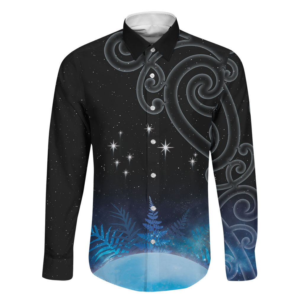 New Zealand Matariki Family Matching Tank Maxi Dress and Hawaiian Shirt Pleiades Star Cluster Blue Galaxy LT05 Dad's Shirt - Long Sleeve Blue - Polynesian Pride