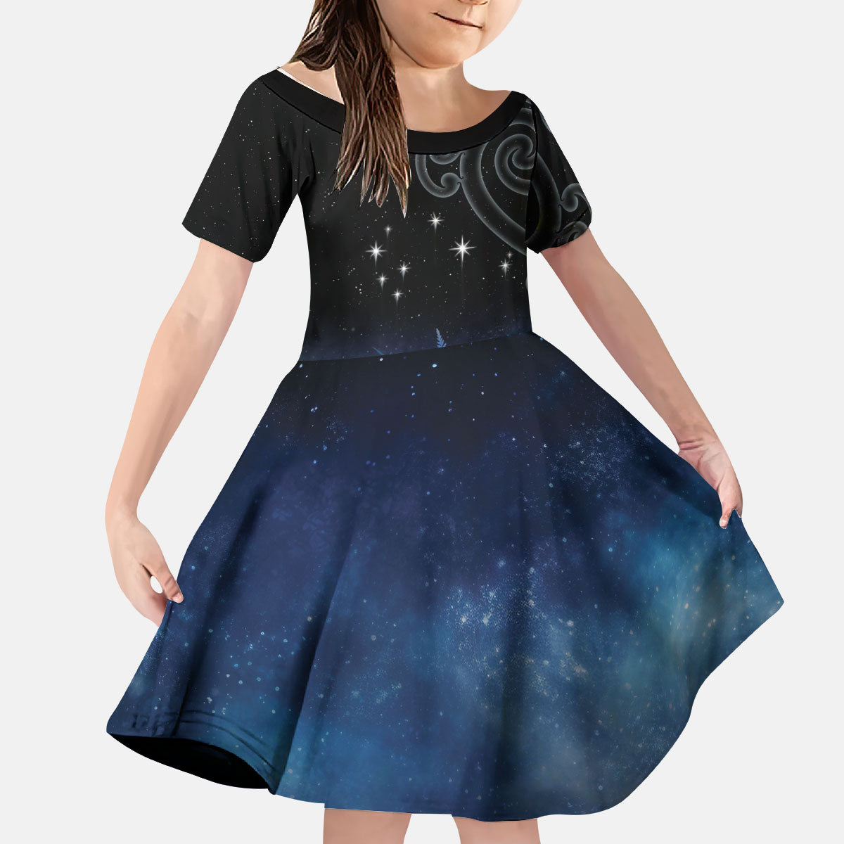 New Zealand Matariki Kid Short Sleeve Dress Pleiades Star Cluster Blue Galaxy