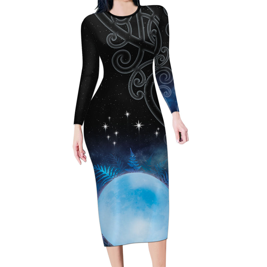 New Zealand Matariki Long Sleeve Bodycon Dress Pleiades Star Cluster Blue Galaxy