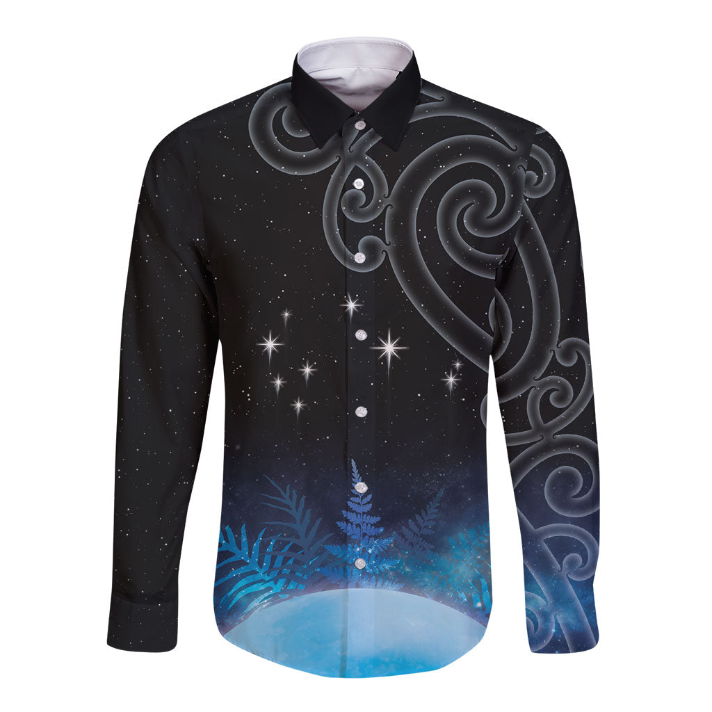 New Zealand Matariki Long Sleeve Button Shirt Pleiades Star Cluster Blue Galaxy