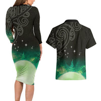 New Zealand Matariki Couples Matching Long Sleeve Bodycon Dress and Hawaiian Shirt Pleiades Star Cluster Green Galaxy