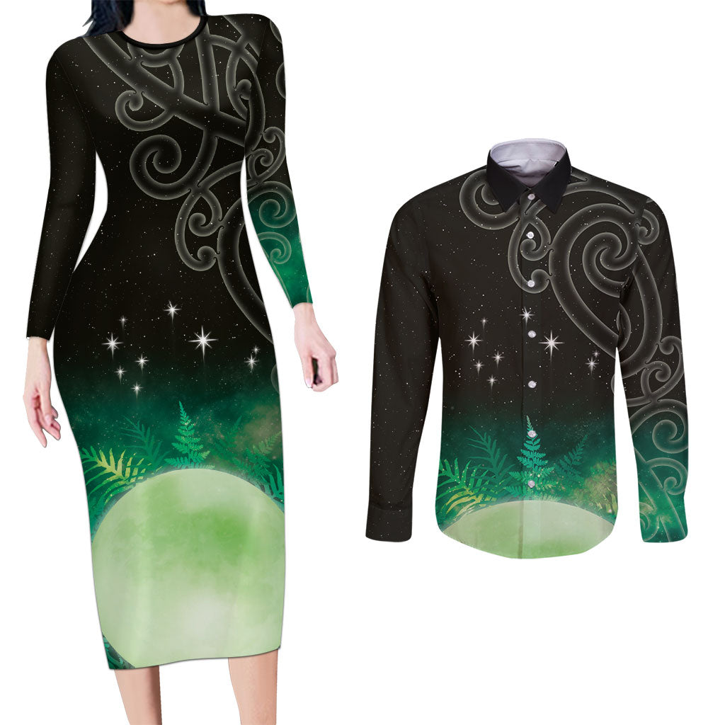 New Zealand Matariki Couples Matching Long Sleeve Bodycon Dress and Long Sleeve Button Shirt Pleiades Star Cluster Green Galaxy
