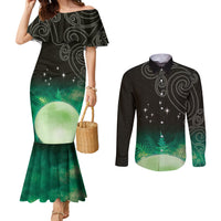 New Zealand Matariki Couples Matching Mermaid Dress and Long Sleeve Button Shirt Pleiades Star Cluster Green Galaxy