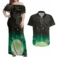 New Zealand Matariki Couples Matching Off Shoulder Maxi Dress and Hawaiian Shirt Pleiades Star Cluster Green Galaxy
