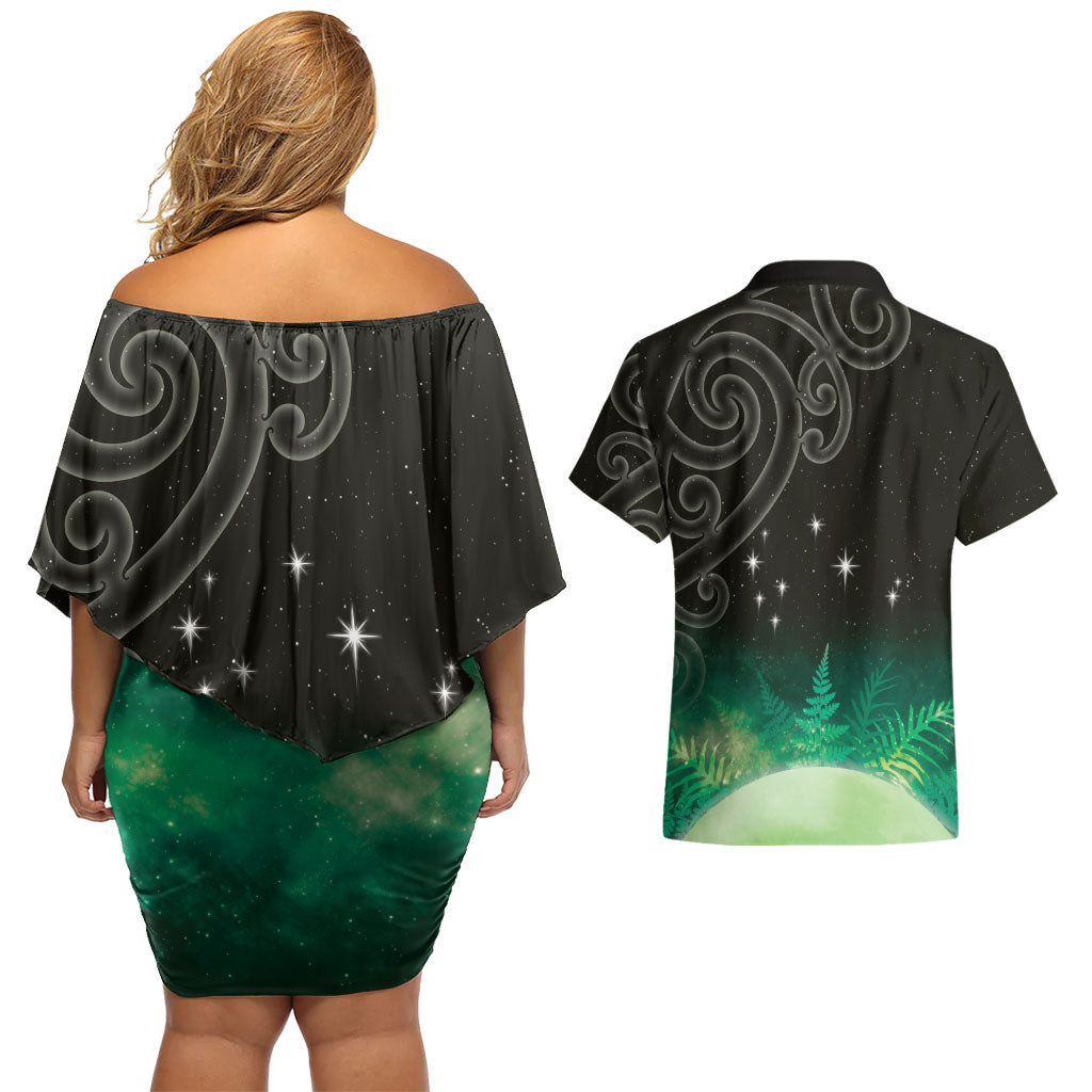 New Zealand Matariki Couples Matching Off Shoulder Short Dress and Hawaiian Shirt Pleiades Star Cluster Green Galaxy