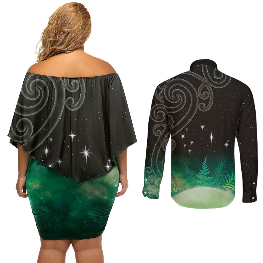 New Zealand Matariki Couples Matching Off Shoulder Short Dress and Long Sleeve Button Shirt Pleiades Star Cluster Green Galaxy