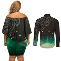 New Zealand Matariki Couples Matching Off Shoulder Short Dress and Long Sleeve Button Shirt Pleiades Star Cluster Green Galaxy