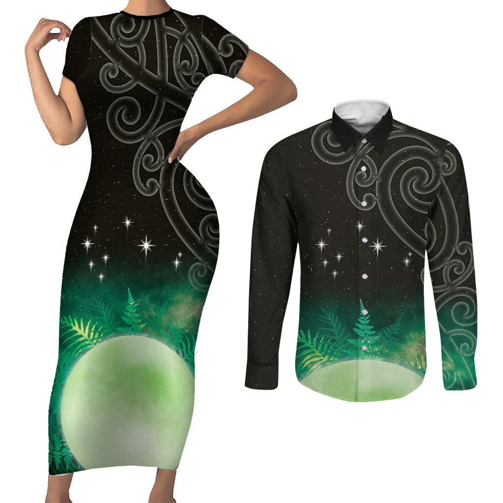 New Zealand Matariki Couples Matching Short Sleeve Bodycon Dress and Long Sleeve Button Shirt Pleiades Star Cluster Green Galaxy