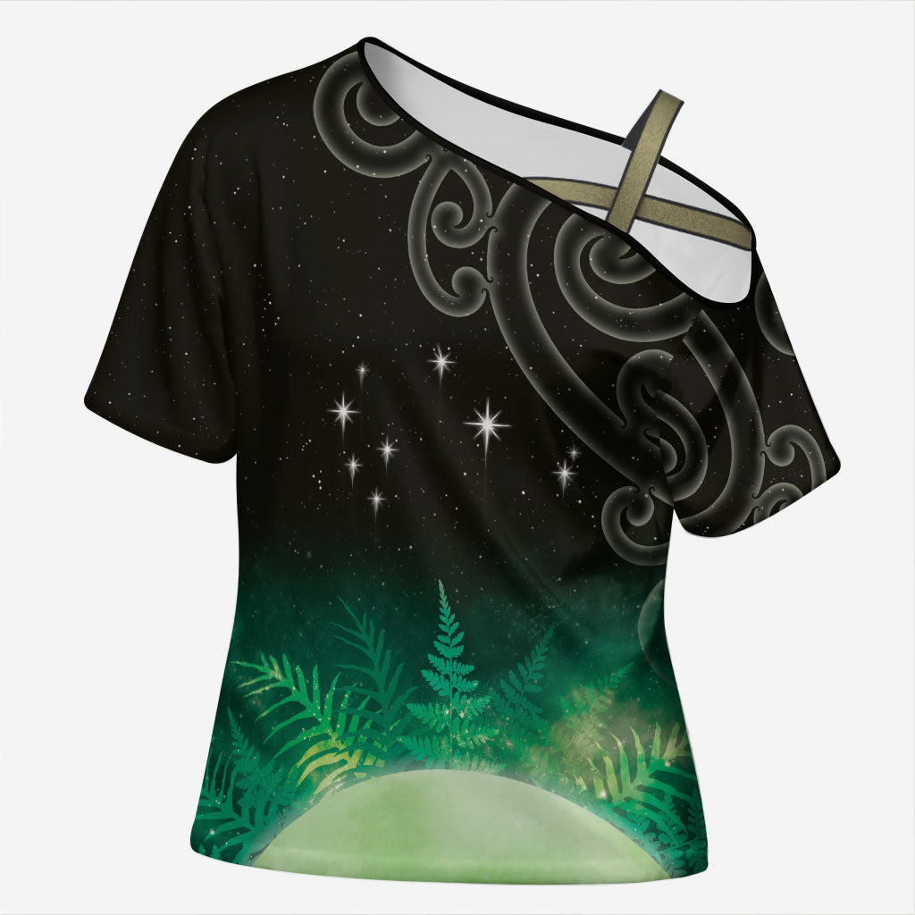 New Zealand Matariki Cross Shoulder Shirt Pleiades Star Cluster Green Galaxy LT05 Female Green - Polynesian Pride