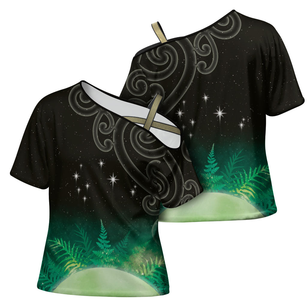 New Zealand Matariki Cross Shoulder Shirt Pleiades Star Cluster Green Galaxy LT05 - Polynesian Pride